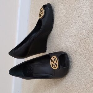 Tory Burch Peep Toe Wedges - Black - 4" Heel